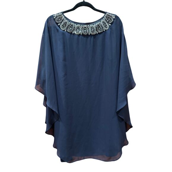 Xscape 10 Beaded Chiffon Mini Dress | Navy Blue Silver Wedding Guest Cocktail - Picture 2 of 6